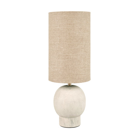 Althea Sandstone Table Lamp, 48cm, with a round sand-coloured marble base and tall natural linen cylinder shade, shown on a plain white background.