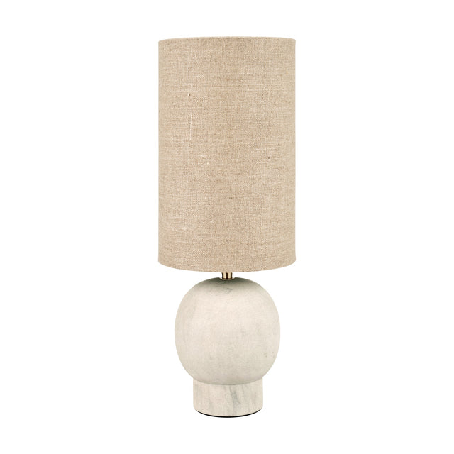 Althea Sandstone Table Lamp, 48cm, with a round sand-coloured marble base and tall natural linen cylinder shade, shown on a plain white background.
