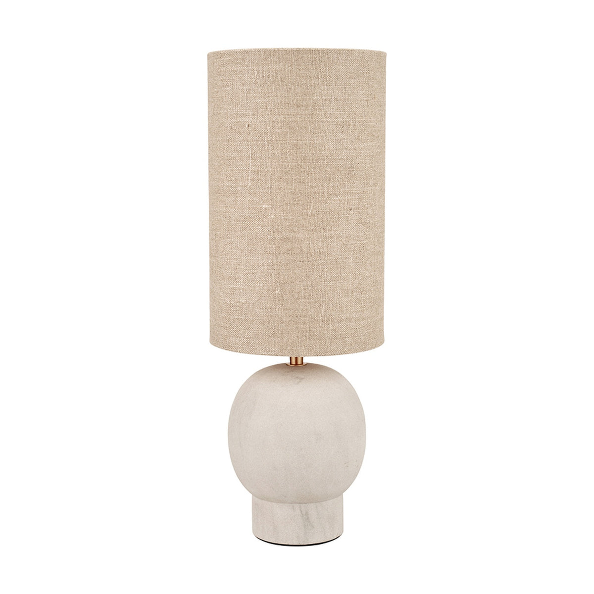 Althea Sandstone Table Lamp, 48cm, with a round sand-coloured base and tall cylindrical natural linen shade, set against a plain white background.