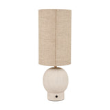 Althea Sandstone Table Lamp, 48cm, with round sand-coloured base and tall cylindrical natural linen shade, on a plain white background.