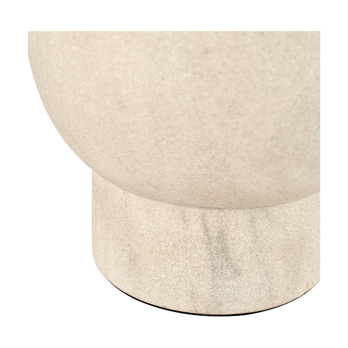 Close-up of the Althea Sandstone Table Lamp's rounded base, showing a textured sand-coloured sphere on a cylindrical marble-effect plinth, on a plain white background.