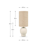 Althea Sandstone Table Lamp with round marble base and cylindrical natural linen shade, shown with dimension lines: 48cm height, 26cm base, Ø17cm shade, Ø14cm base.