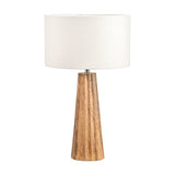 Draydon Mango Textured Cone Table Lamp, 51cm, with a tapered natural wood base and white linen drum shade, shown on a plain white background.