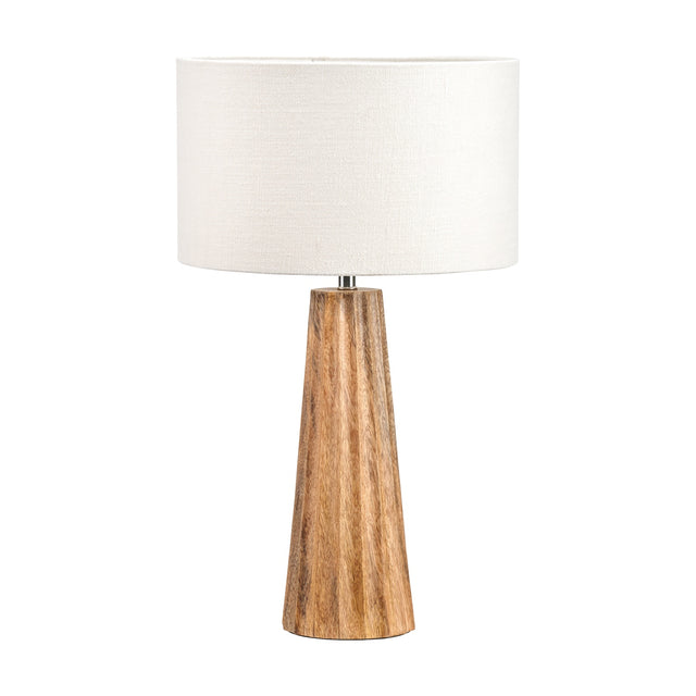 Draydon Mango Textured Cone Table Lamp, 51cm, with a tapered natural wood base and white linen drum shade, shown on a plain white background.