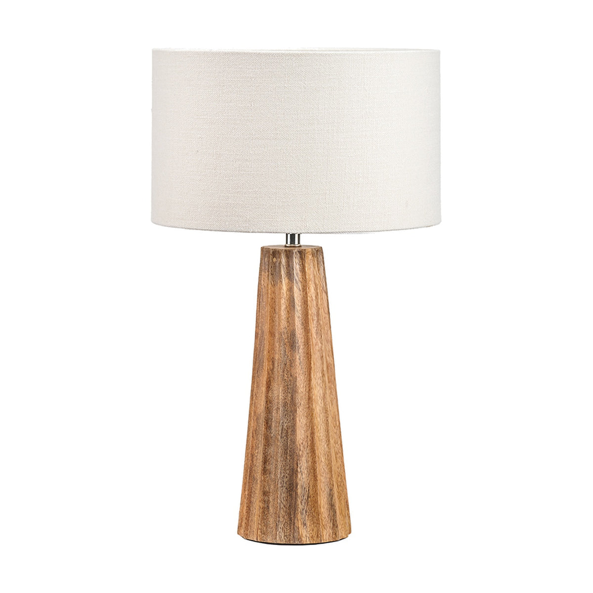 Draydon Mango Textured Cone Table Lamp, 51cm, with a ridged conical wood base in natural finish and a white drum linen shade, on a plain white background.