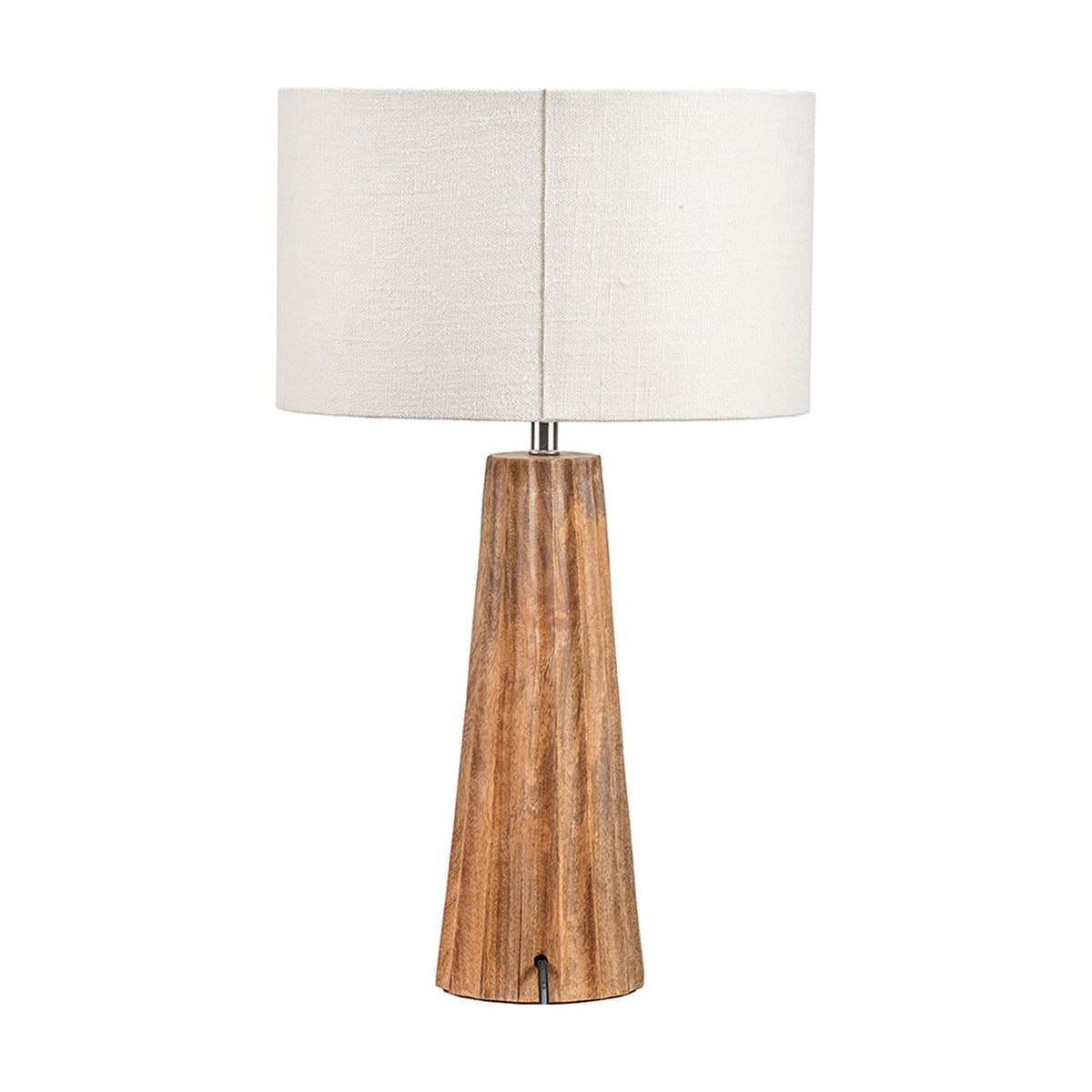 Draydon Mango Textured Cone Table Lamp, 51cm, with a tapered ridged wood base and white linen drum shade, shown on a plain white background.
