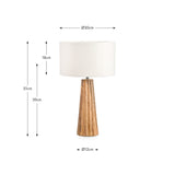 Draydon Mango Textured Cone Table Lamp, 51cm tall with a tapered wood base and white drum shade, shown with dimension labels (Ø30cm shade, Ø12cm base) on a white background.