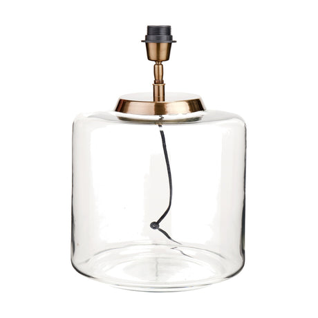 Josie Large Table Lamp Base, 40cm, with a clear cylindrical glass body and antique brass fitting on top, shown on a plain white background.