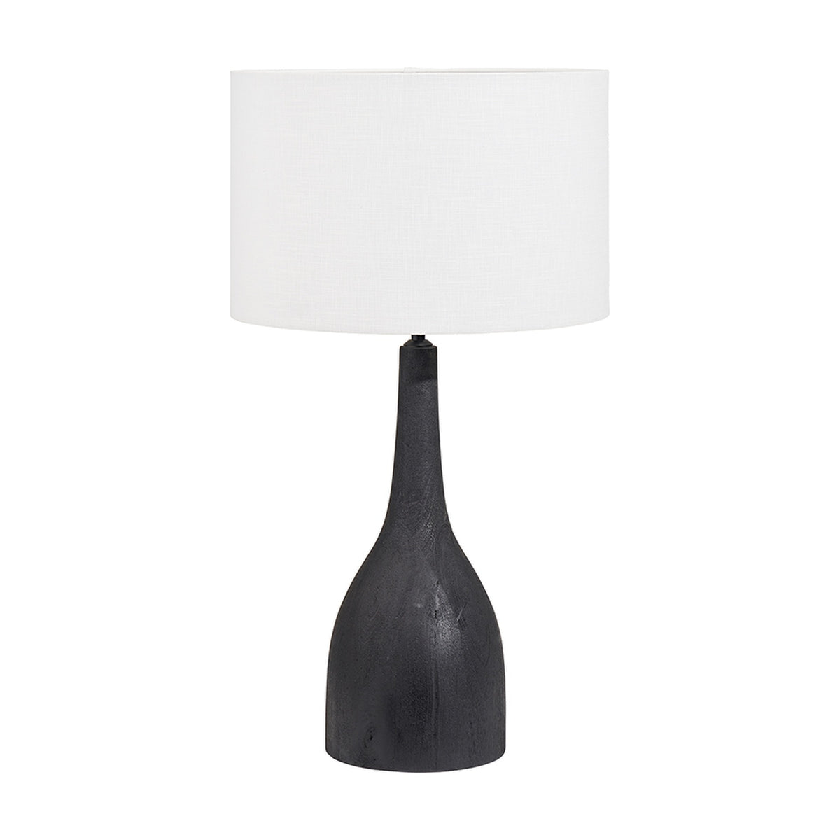 Corella Black Mango Curved Table Lamp Base, 54cm, with a bottle-shaped wood base and white drum shade, shown on a plain white background.