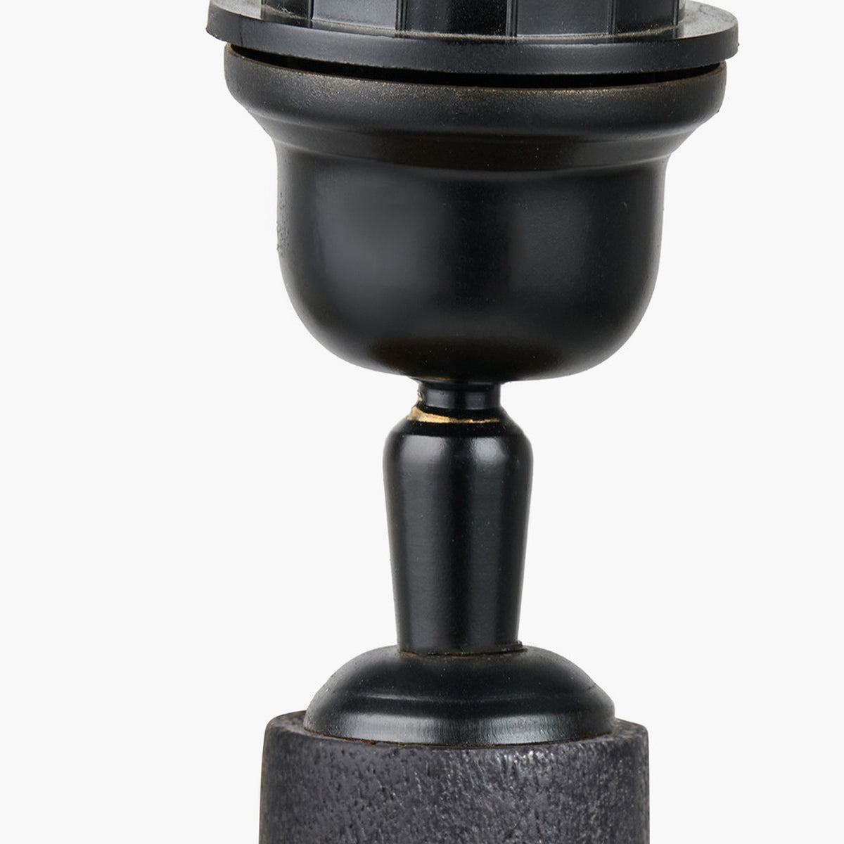 Corella Black Mango Curved Table Lamp Base, close-up of urn-shaped metal socket cup and turned column on a textured mango wood base, black finish, plain background.