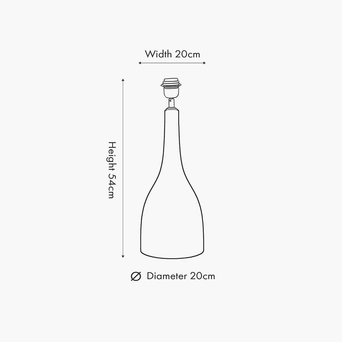 Line drawing of the Corella Black Mango Curved Table Lamp Base showing dimensions: 54cm height, 20cm width and 20cm diameter, on a white background.