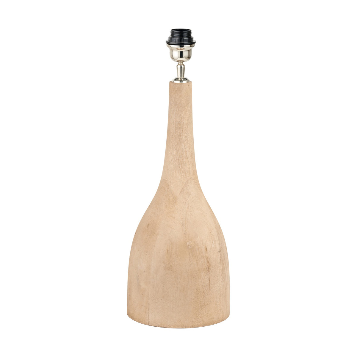 Corella Mango Curved Table Lamp Base, 54cm, with a smooth curved wooden body in natural tone, tapered neck, and chrome fitting with black bulb holder, on a plain white background.