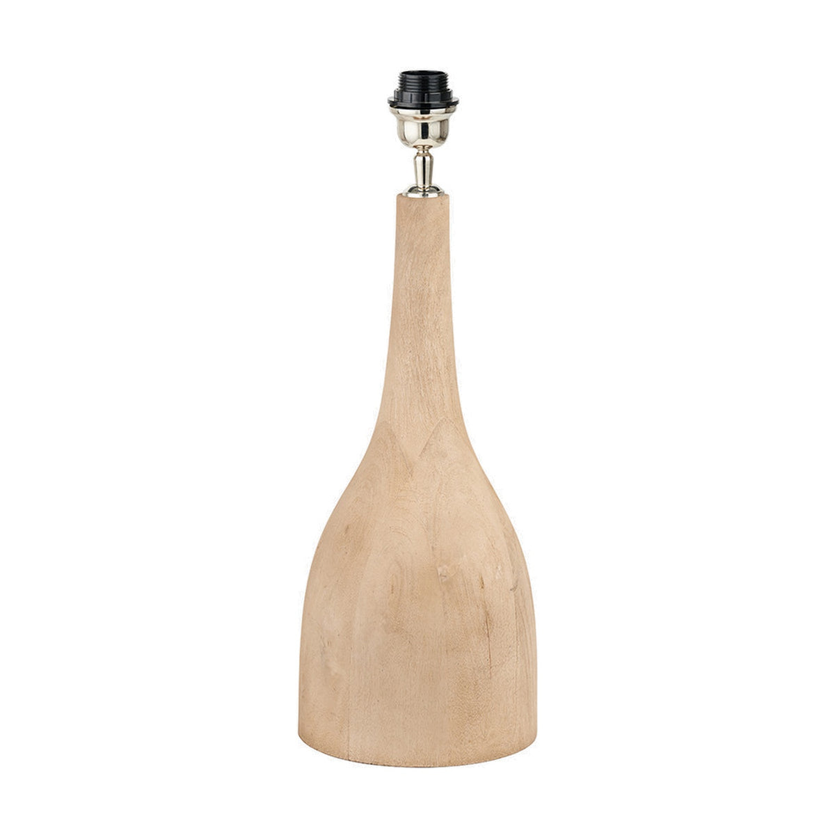 Corella Mango Curved Table Lamp Base, 54cm, with a bottle-shaped natural wood body and chrome and black fitting, shown on a plain white background.
