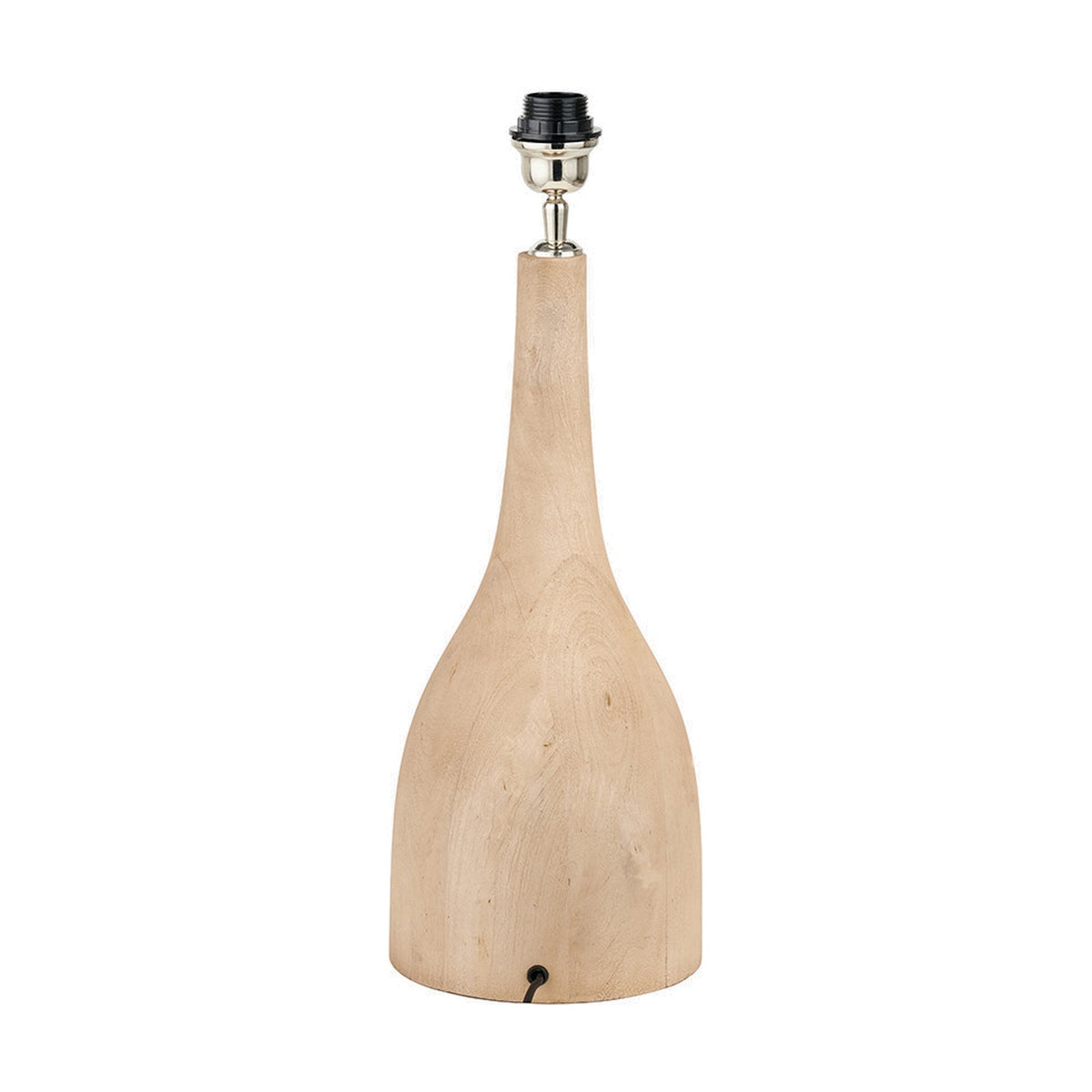 Corella Mango Curved Table Lamp Base, 54cm, with a bulbous tapered wood body in natural finish and nickel and black fitting, shown on a plain white background.