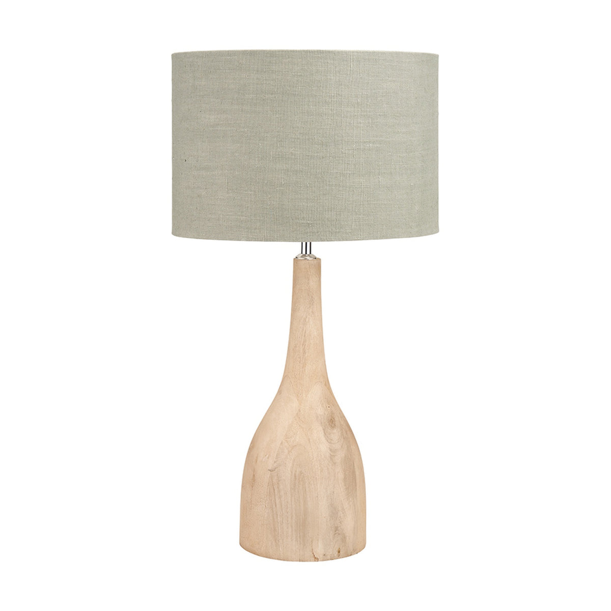 Corella Mango Curved Table Lamp Base, 54cm, in natural wood with a curved bottle-shaped body and grey drum shade, shown on a plain white background.