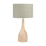 Corella Mango Curved Table Lamp Base, 54cm, in natural wood with a curved bottle-shaped body and grey drum shade, shown on a plain white background.