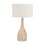 Corella Mango Curved Table Lamp Base, 54cm, in natural wood with a curved bottle-shaped silhouette and white textured drum shade, shown on a plain white background.