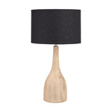 Corella Mango Curved Table Lamp Base, 54cm, in natural wood with a curved bottle-shaped silhouette, shown with a black drum shade on a plain white background.