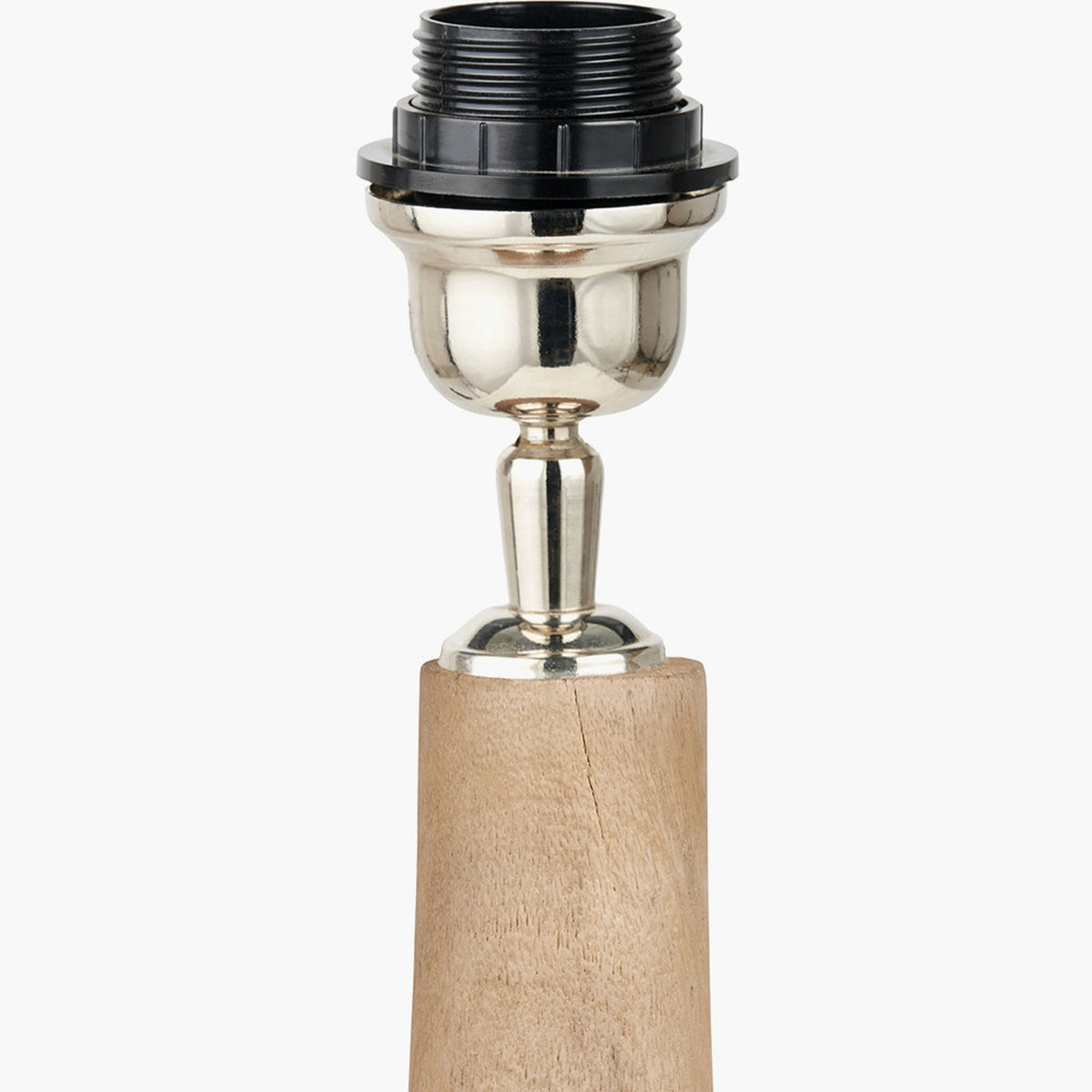Corella Mango Curved Table Lamp Base, close-up of the nickel finish gallery and fitting on a tapered natural wood base, plain white background.