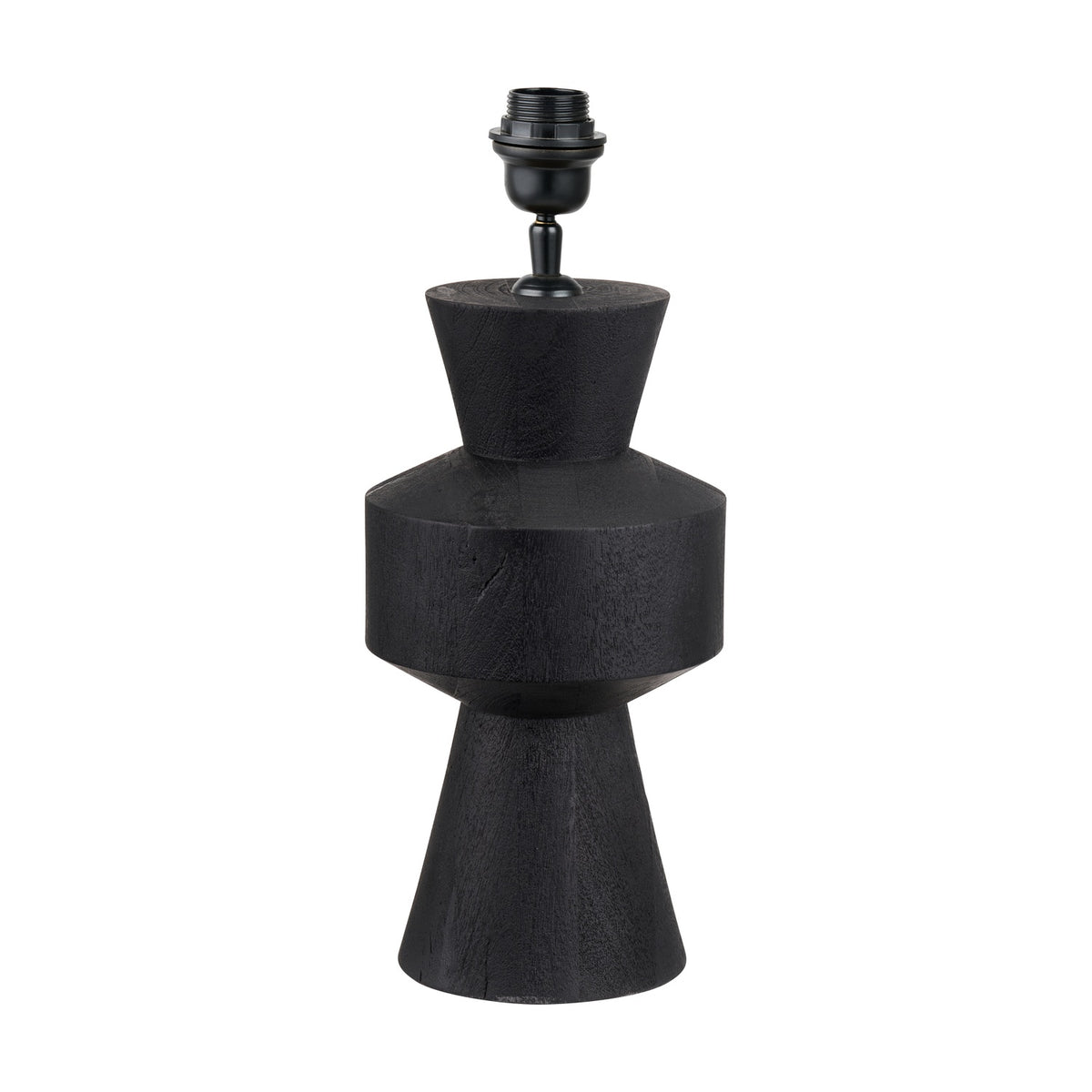 Koa Black Mango Contemporary Table Lamp Base, 43cm, with sculptural stacked geometric wood forms and black metal fitting, shown on a plain white background.