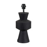 Koa Black Mango table lamp base, 43cm, with a sculptural hourglass and drum-shaped wood body and black metal fitting, shown on a plain white background.