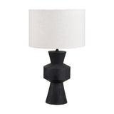 Koa Black Mango Contemporary Table Lamp with sculptural geometric wood base and white drum shade, shown on a plain white background.