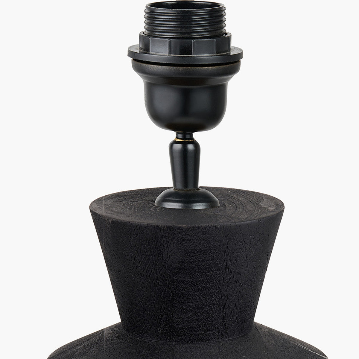 Close-up of the Koa Black Mango table lamp base, showing the black metal fitting and lamp holder atop a tapered black wood body, on a plain background.