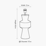 Line drawing of the Koa Black Mango table lamp base with hourglass-shaped body and E27 fitting, labelled 43cm height and 17cm width and diameter.