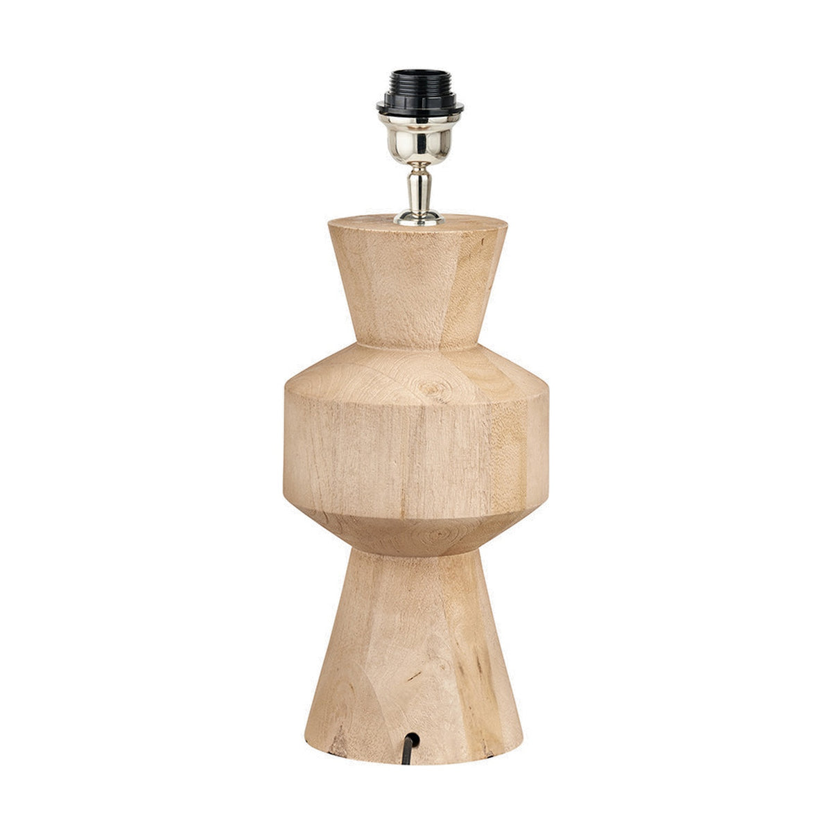 Koa Mango contemporary table lamp base, 43cm, with sculpted geometric wood body in natural finish and chrome fitting, shown on a plain white background.