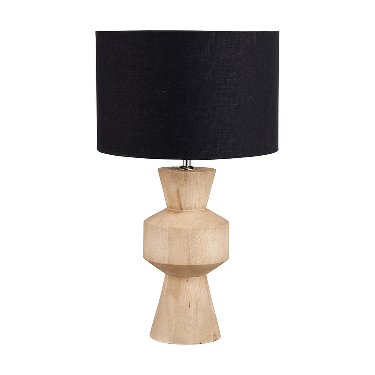Koa Mango contemporary table lamp, 43cm, with a sculptural natural wood geometric base and black drum shade, shown on a plain white background.