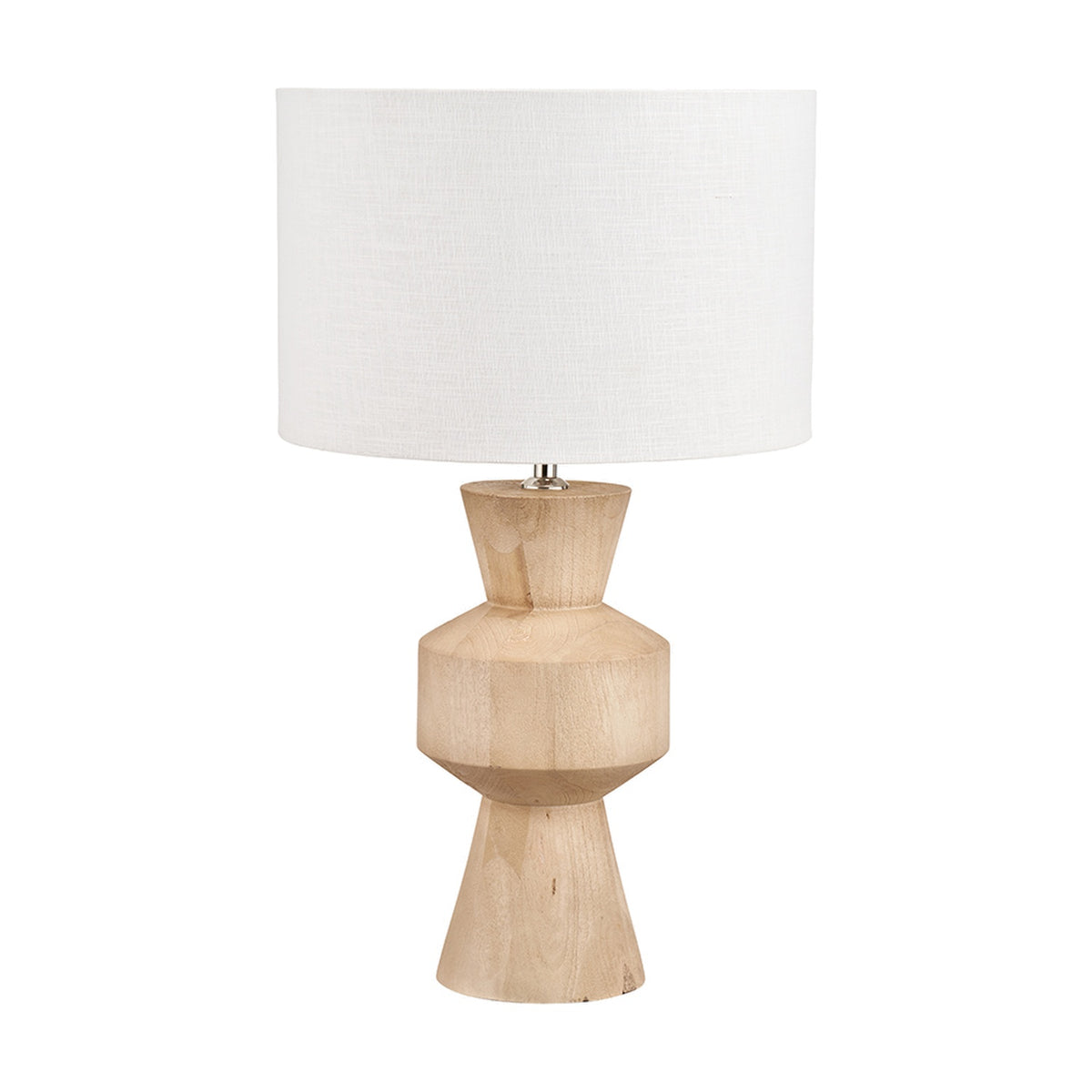Koa Mango table lamp base, 43cm, with sculpted natural wood stand in geometric tiers and a white drum shade, shown on a plain white background.