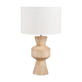 Koa Mango table lamp base, 43cm, with sculpted natural wood stand in geometric tiers and a white drum shade, shown on a plain white background.