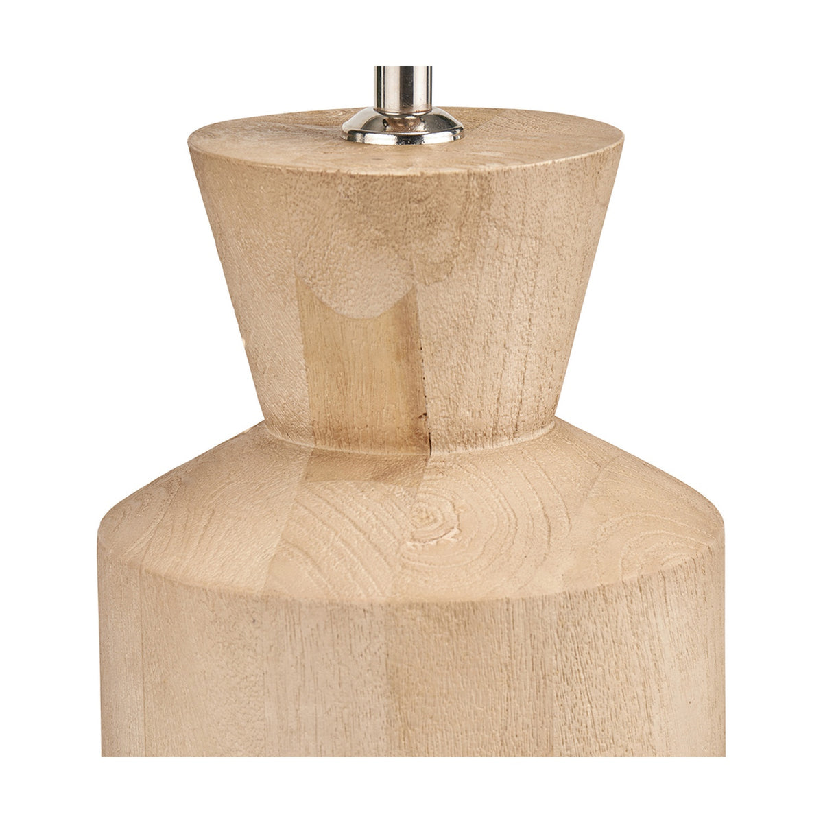 Close-up of the Koa Mango table lamp base, 43cm, showing natural wood grain with a tapered column and silver metal fitting, on a plain white background.