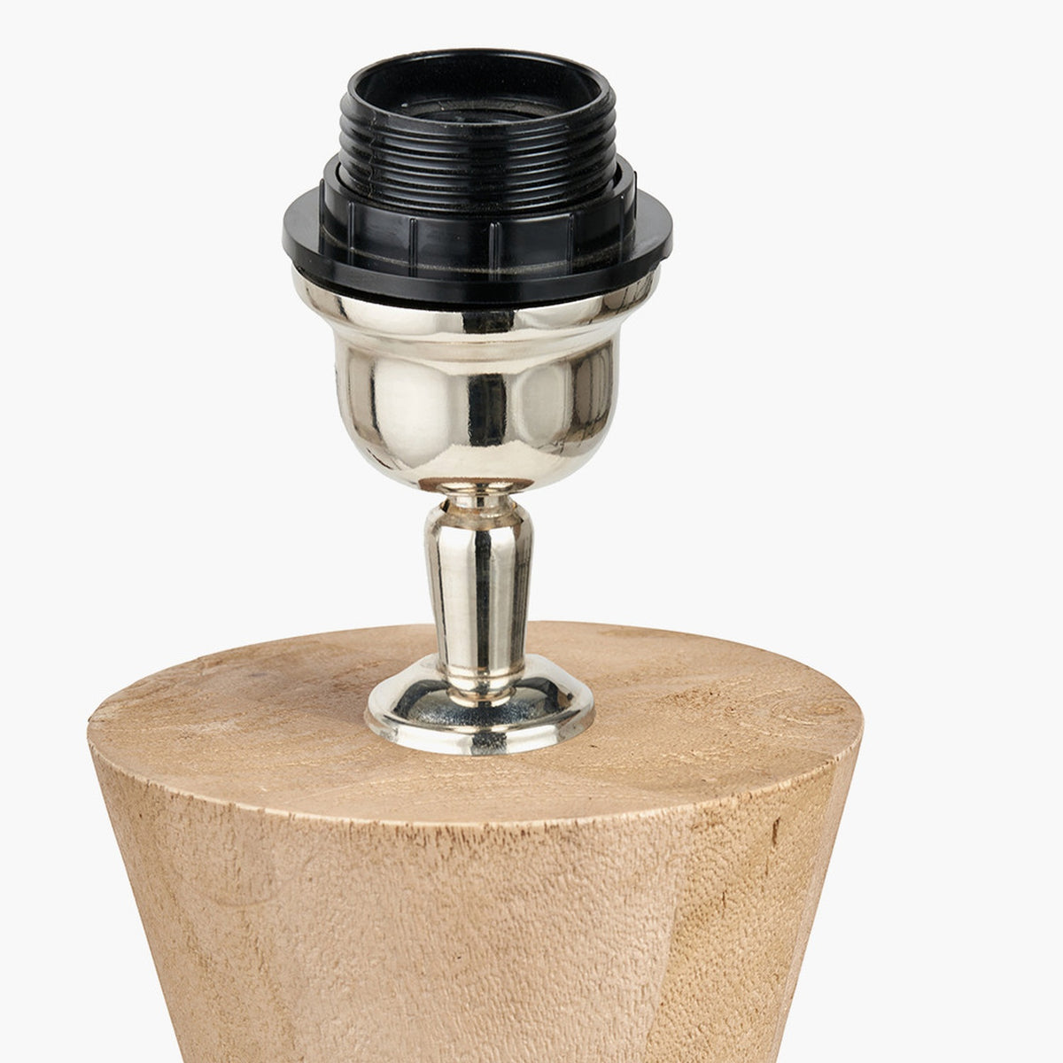 Koa Mango table lamp base, 43cm, with a chrome socket fitting atop a tapered natural wood base, shown on a plain white background.