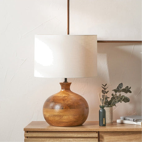 Kiah Brown Oiled Finish Mango Round Table Lamp with White Self Shade