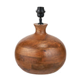 Kiah table lamp base, 30cm, with a bulbous mango wood body in an oiled brown finish and black metal fitting on top, shown on a plain white background.