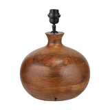 Kiah table lamp base with a bulbous mango wood body in a brown oiled finish and matte black E27 fitting, shown on a plain white background.