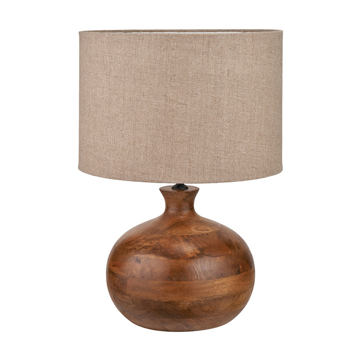 Kiah table lamp with a round, bulbous oiled mango wood base in brown tones and a natural linen drum shade, shown on a plain white background.