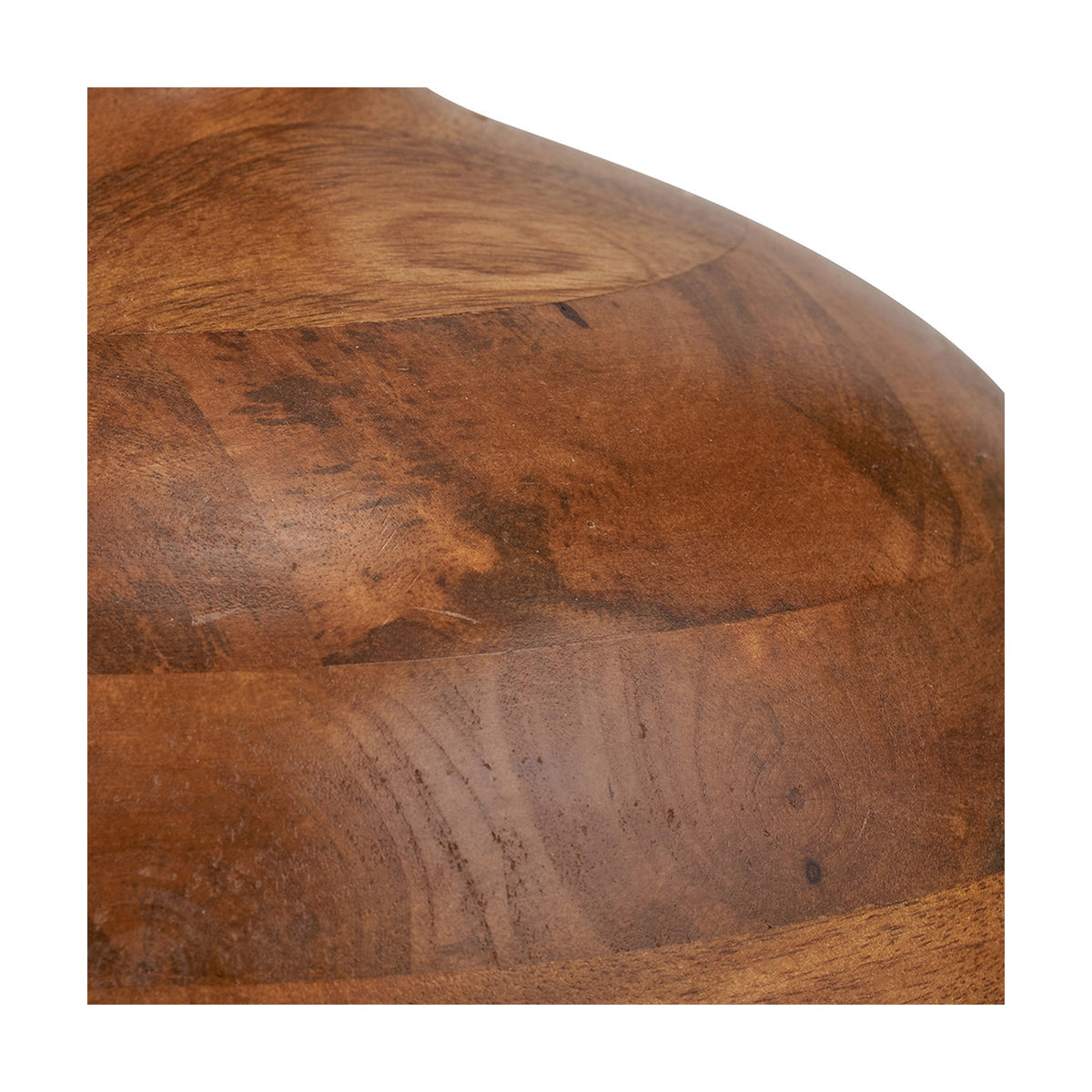 Close-up of the Kiah table lamp base, 30cm, in oiled brown mango wood showing natural grain and joinery detail, on a white background.