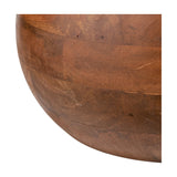 Close-up of the Kiah rounded table lamp base in brown oiled mango wood, showing the visible grain, joins and curved silhouette against a white background.
