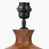 Kiah table lamp base in oiled brown mango wood with a bulbous turned body, fitted with a black E27 lamp holder and threaded fitting, shown against a plain white background.