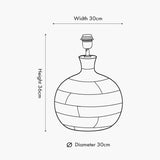 Line drawing of the Kiah Brown Oiled Finish Mango Table Lamp Base showing a rounded wood body with banded segments, tapered neck and fitting, labelled 30cm width, 36cm height, 30cm diameter.