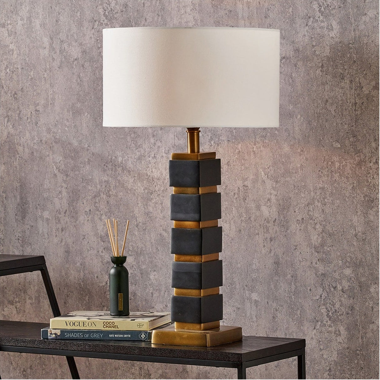 Maximo Matt Black & Antique Brass Cube Table Lamp with Ivory Shade