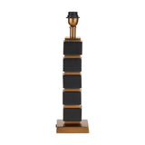Maximo table lamp base, 49cm, with stacked matt black cube sections alternating with antique brass rings, brass fitting at top, on a square brass foot against a plain white background.