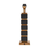 Maximo table lamp base, 49cm, with stacked matt black cube sections between antique brass rings, on a square brass foot with brass fitting, shown on a plain white background.