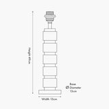 Line drawing of the Maximo table lamp base, 49cm tall with 13cm wide base, showing a stacked cube design in matt black with antique brass accents on a plain background.