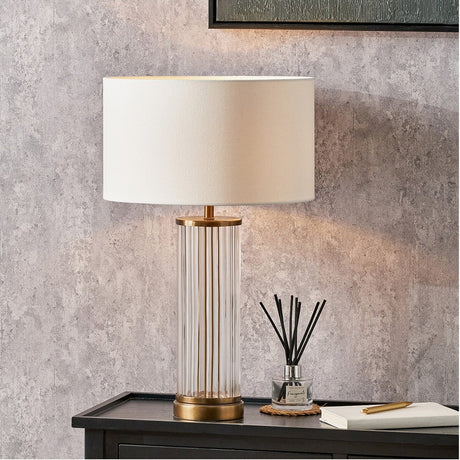 Ciara Clear Glass & Antique Brass Table Lamp with White Handloom Shade