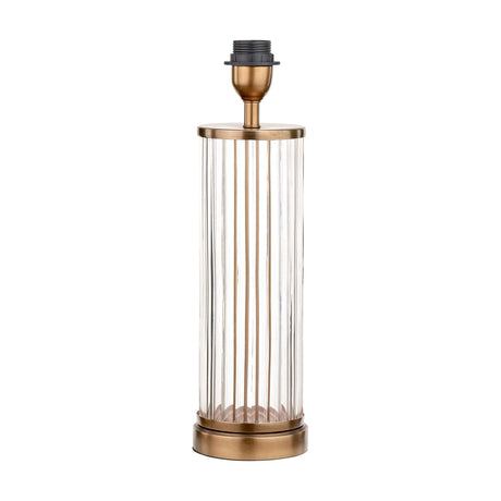 Ciara table lamp base with a ribbed clear glass cylindrical body, antique brass top and foot, and black bulb holder, shown against a plain white background.
