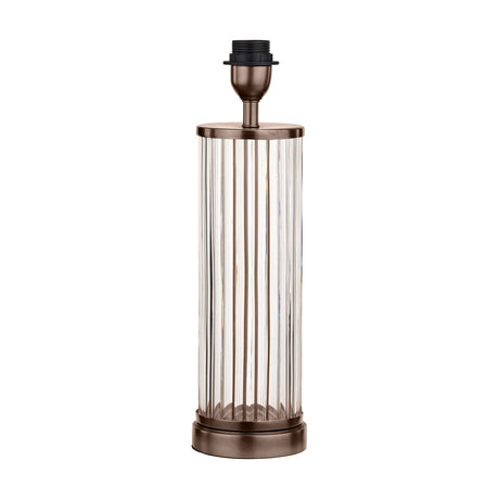 Ciara table lamp base, 42cm, with ribbed clear glass cylindrical column, antique bronze fittings and base, and black E27 bulb holder, on a plain white background.