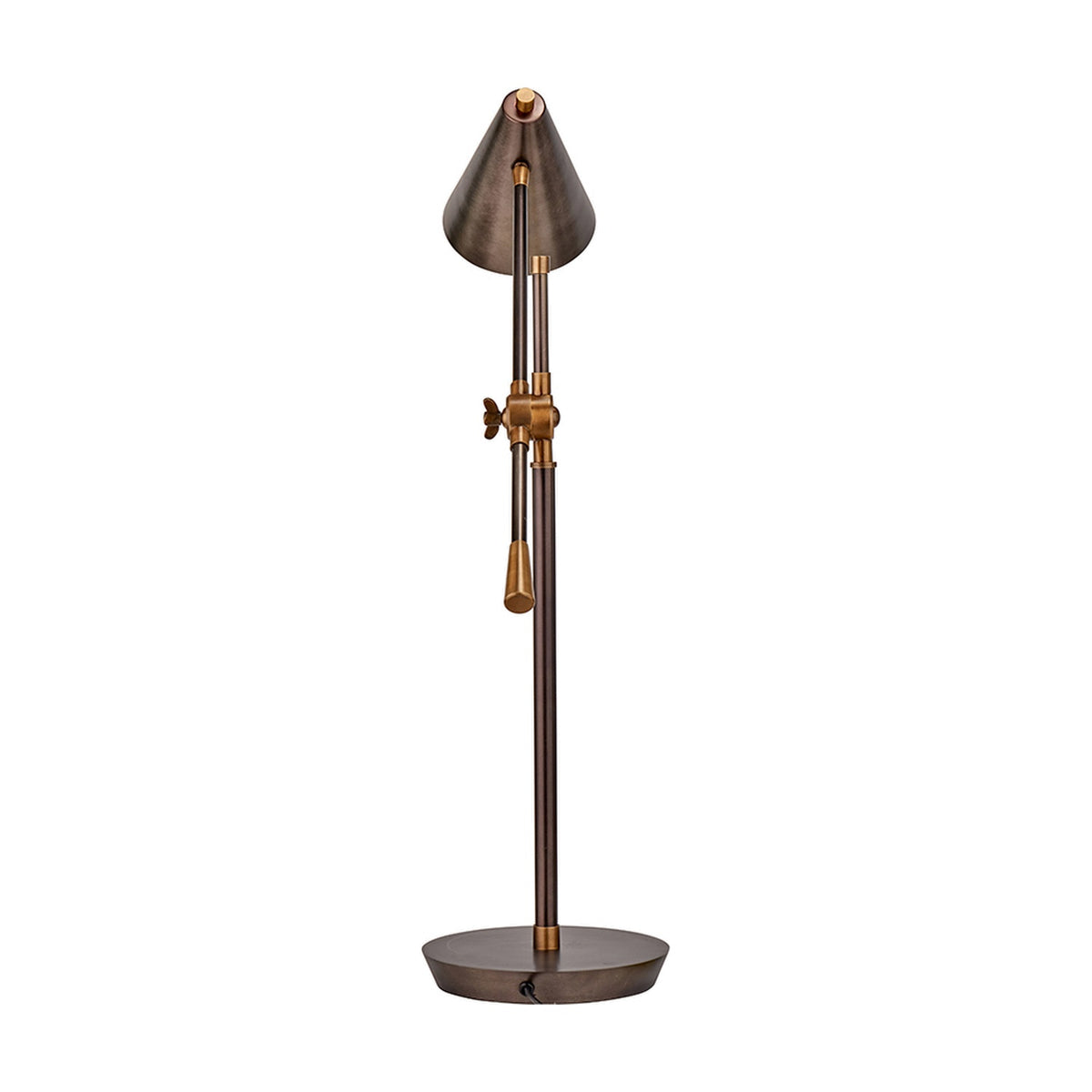 Emiliano antique bronze and brass adjustable task table lamp, 87cm, with cone shade, angled brass joint and butterfly knob, oval base, on a white background.
